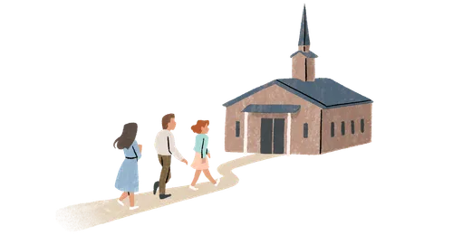 people walking toward a meetinghouse