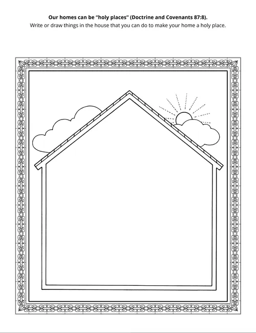 Line art illustration of a home where children can add items that make a holy home.