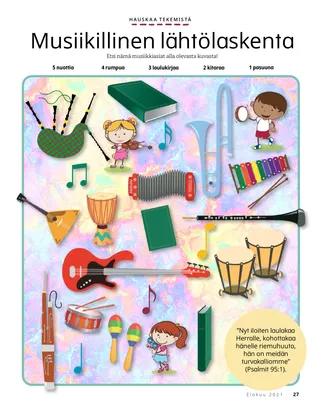page with musical instruments scattered around