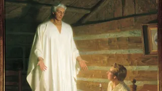 The Prophet Joseph Smith sitting on his bed in the Smith farm house. Joseph has a patchwork quilt over his knees. He is looking up at the angel Moroni who has appeared before him. Moroni is depicted wearing a white robe. The painting depicts the event wherein the angel Moroni appeared to the Prophet Joseph Smith three times in the Prophet's bedroom during the night of September 21, 1823 to inform him of the existence and location of the gold plates, and to instruct him as to his responsibility concerning the plates.