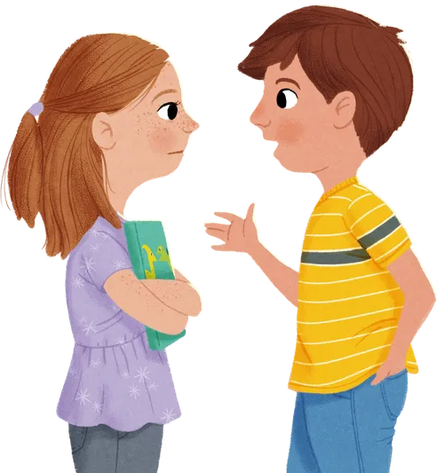 Boy talking to a girl holding a book