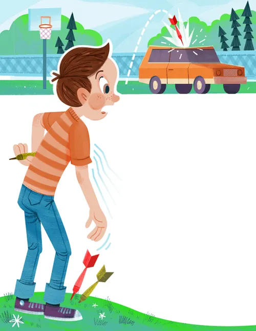 Boy throwing lawn dart onto a car