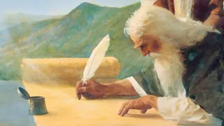 The Old Testament prophet Isaiah writing on a roll of parchment. Two men (New Testament apostles) are witnessing the event. They are depicted standing behind Isaiah. A landscape of mountains is in the background. Above the landscape is an image of Mary (the mother of Christ), Joseph (the carpenter) and the infant Jesus Christ in the manger. The painting depicts the prophecy of Isaiah regarding the birth of Jesus Christ.