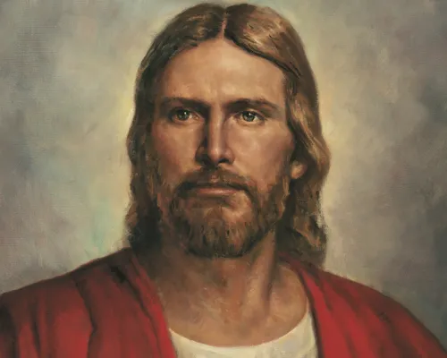 Frontal head and shoulders portrait of Jesus Christ. Christ is depicted wearing red and white robes. In 1989, a correlation review committee evaluated the painting with regard to its suitability for Church use. The painting was rated a "5" on a scale of 1-5 (with "5" as the high).