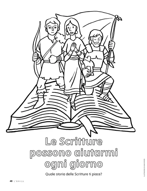 PDF della pagina da colorare raffigurante dei personaggi delle Scritture che escono da un libro di Scritture