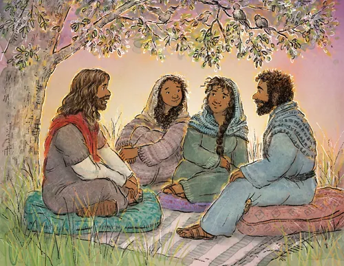 Jesus sitting with Mary, Martha, and Lazarus