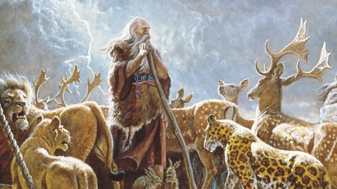 The Old Testament prophet Noah and his family aboard the ark. Noah is watching the animals board the ark. Storm clouds and lightning are depicted in the sky.