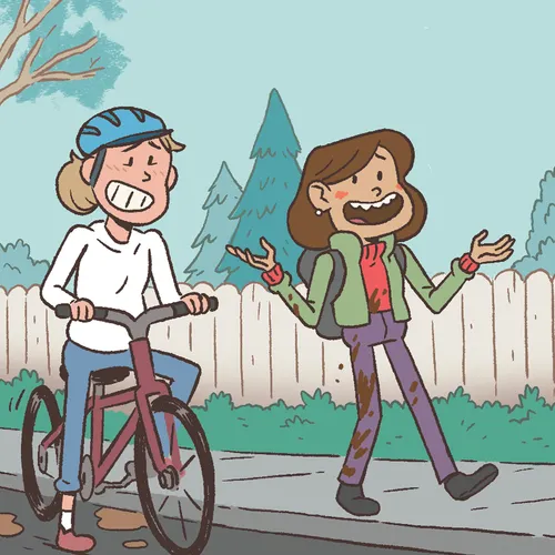 girl on bike, girl walking and talking