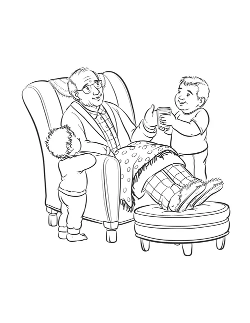 coloring page of boy giving drink to grandpa