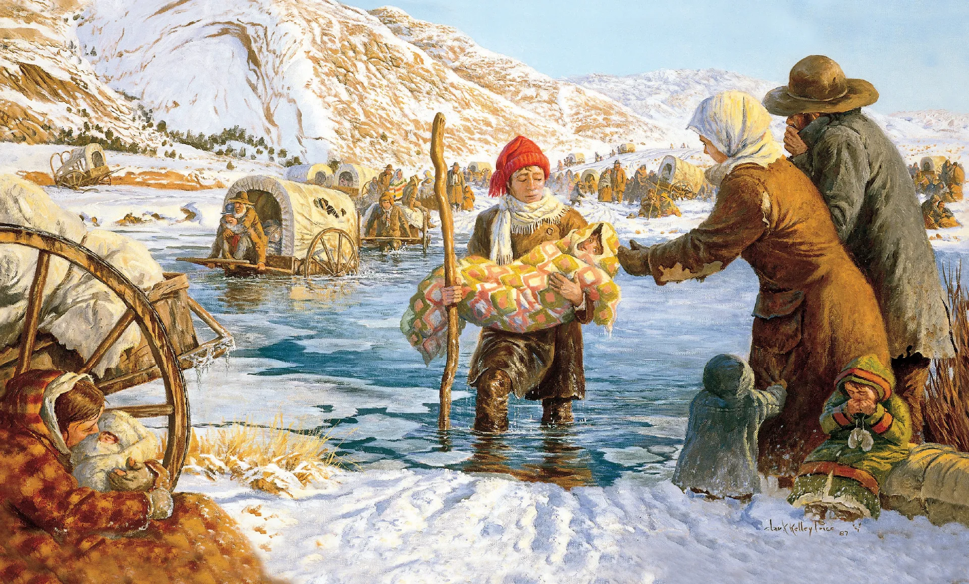 Helping the Martin Handcart Company across the Sweetwater River, by Clark Kelley Price (62606); GAK 415; Primary manual 5-52