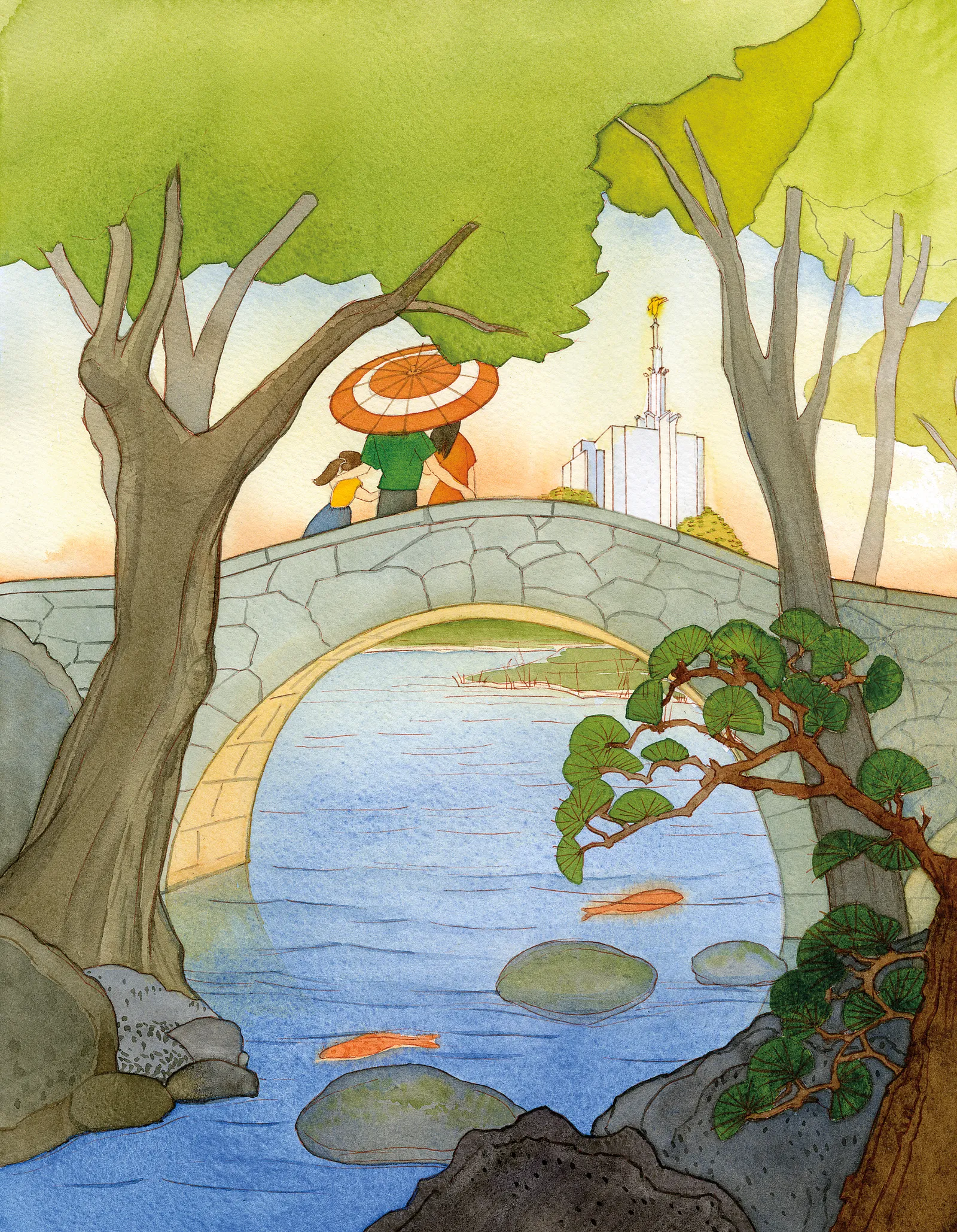 A family in Tokyo, Japan, walks across a bridge with the temple in the background.