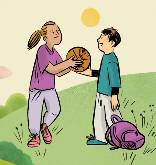 Illustration of a girl Handing a basketball to a boy