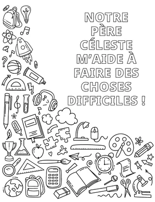Une page à colorier représentant diverses fournitures scolaires et d’autres objets