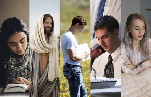 composite image of the Savior and other individuals praying and reading 