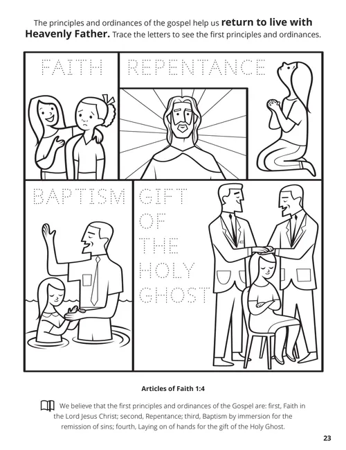 Coloring page PDF of Jesus Christ, a girl praying, two girls talking, a man baptizing a girl, and two men confirming a girl