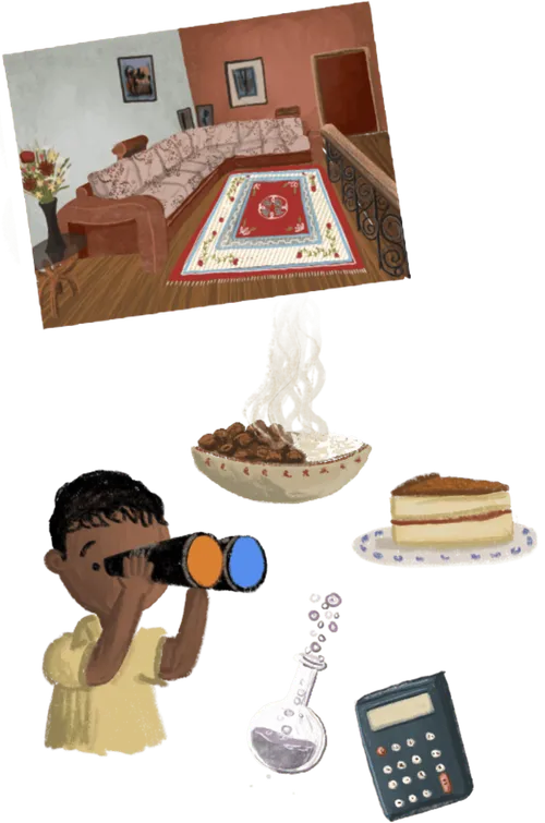 Living room, bowl with chicken, and piece of cake