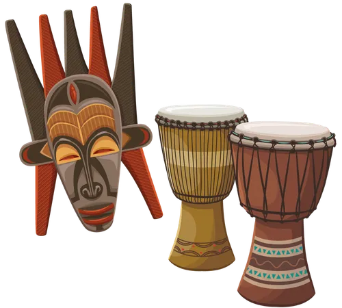 beautiful wooden masks and drums