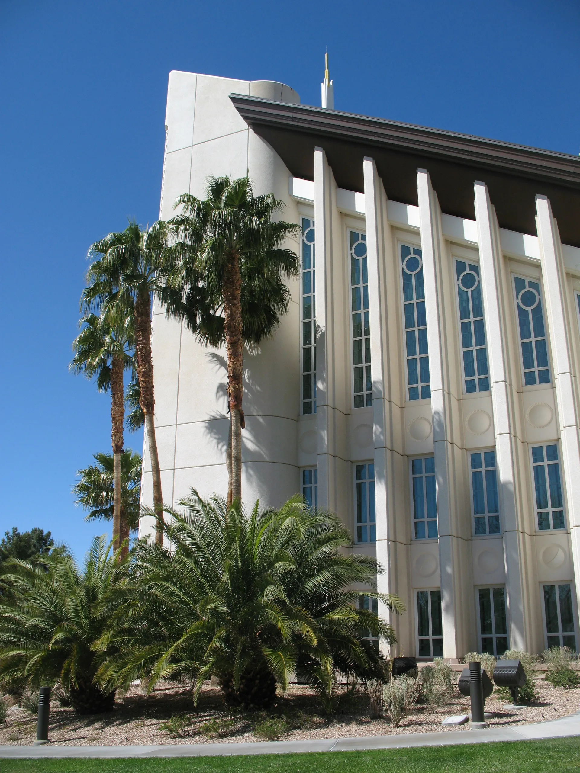The Las Vegas Nevada Temple exterior, including windows and scenery.