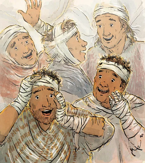 Men smiling after being healed