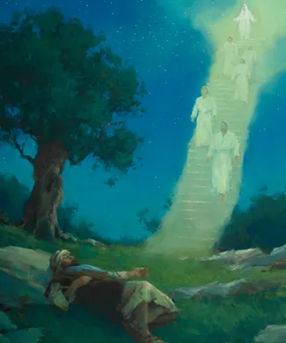 The Old Testament prophet Jacob (Israel) lying asleep under a tree. A depiction of Jacob's dream of a ladder and angels descending from heaven is portrayed in the background.