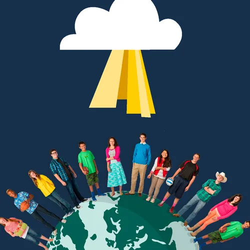 sun shining on people around a globe