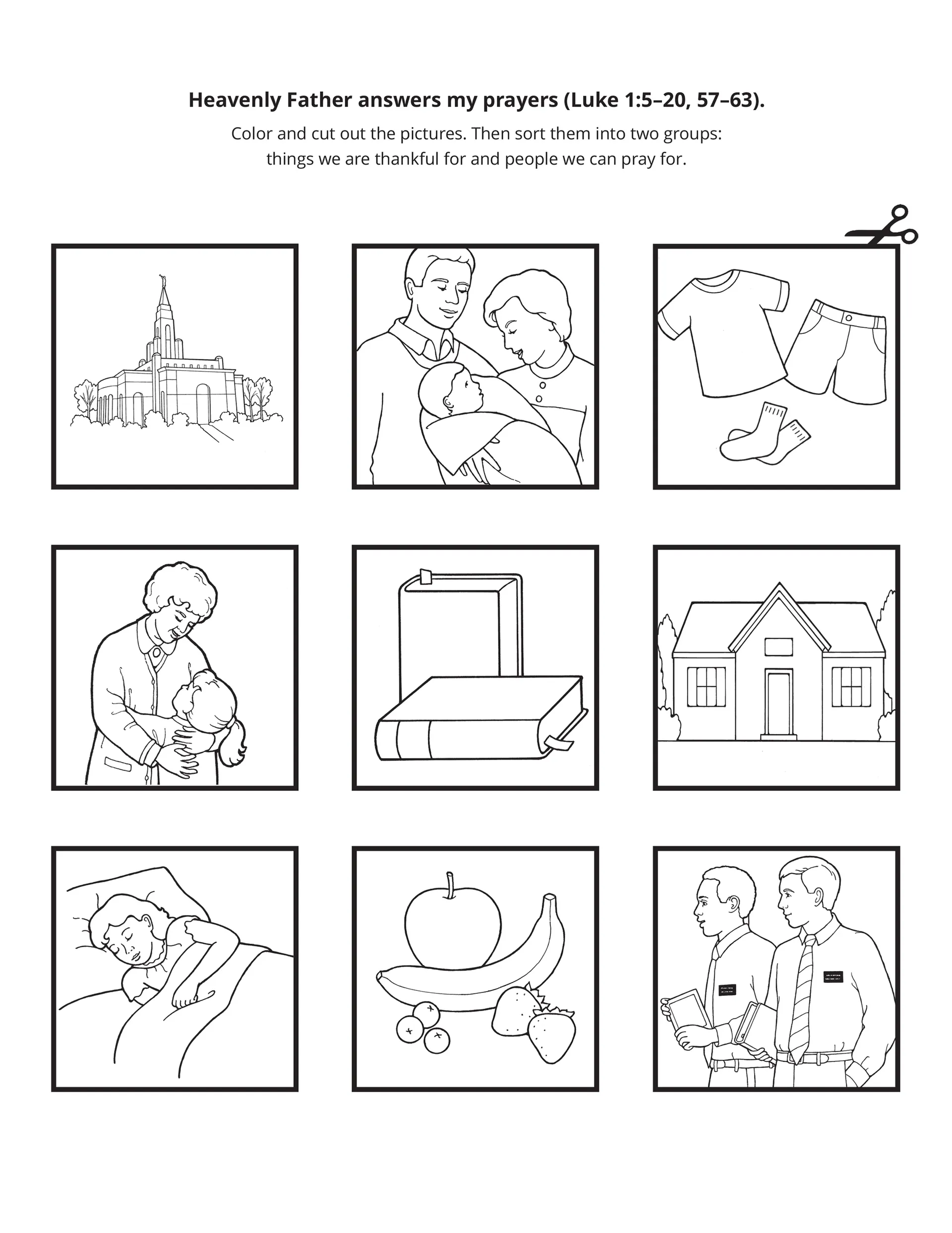 “Heavenly Father answers my prayers (Luke 1:5–20, 57–63).” Primary cutouts display things we are thankful for and people we can pray for.