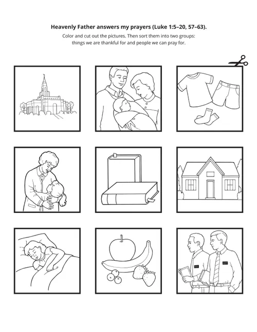 Line art showing nine cutout cards about prayer.