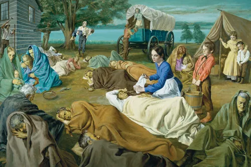 A painting by Theodore S. Gorka of Emma Smith kneeling on the ground and assisting a man who is sick while many others who are sick are gathered around.