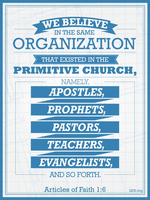 A blueprint graphic paired with the sixth article of faith.