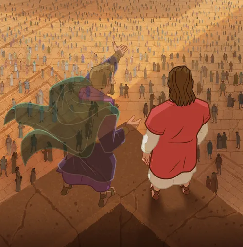 Satan tempting Jesus to jump off the wall of the temple.