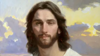 Portrait of Jesus Christ.  There are clouds in the background.