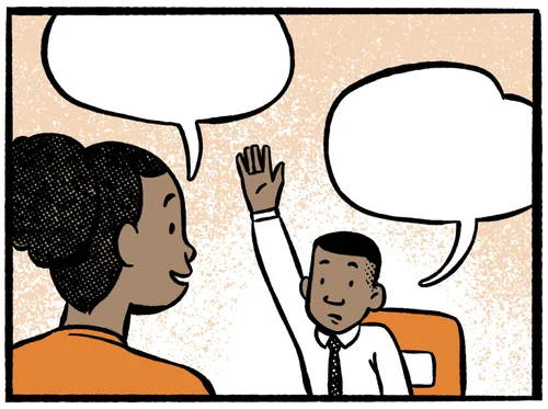 Boy with his hand raised talking to a woman