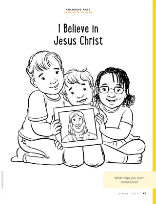 coloring page of children holding picture of Jesus