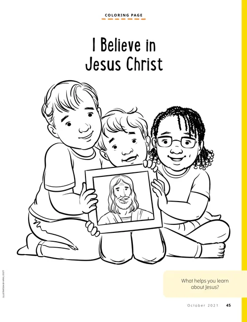 Coloring page PDF of three children holding a picture of Jesus Christ