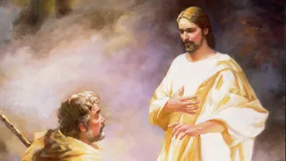 Jesus Christ appearing to the prophet Moses.  Mist or a cloud hovers around the figure of the Savior.