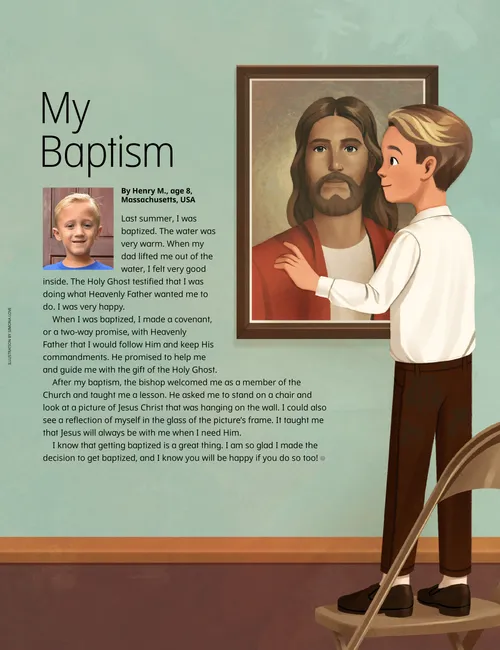 Page PDF with illustration of a boy standing on a chair and looking at a painting of Jesus Christ