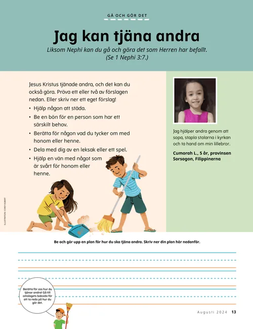 Pdf med illustration av två barn som sopar ett golv; plus rader för att skriva en plan för tjänande.