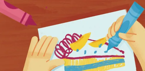 Hands coloring a picture of a piece of cake