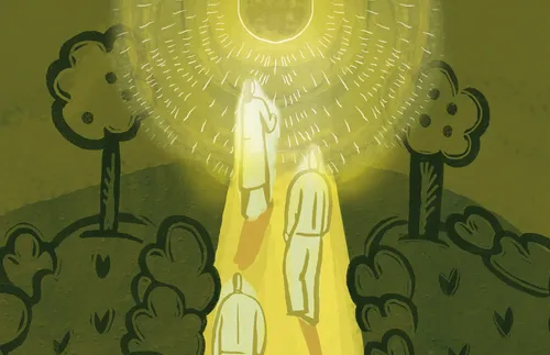 people walking towards light