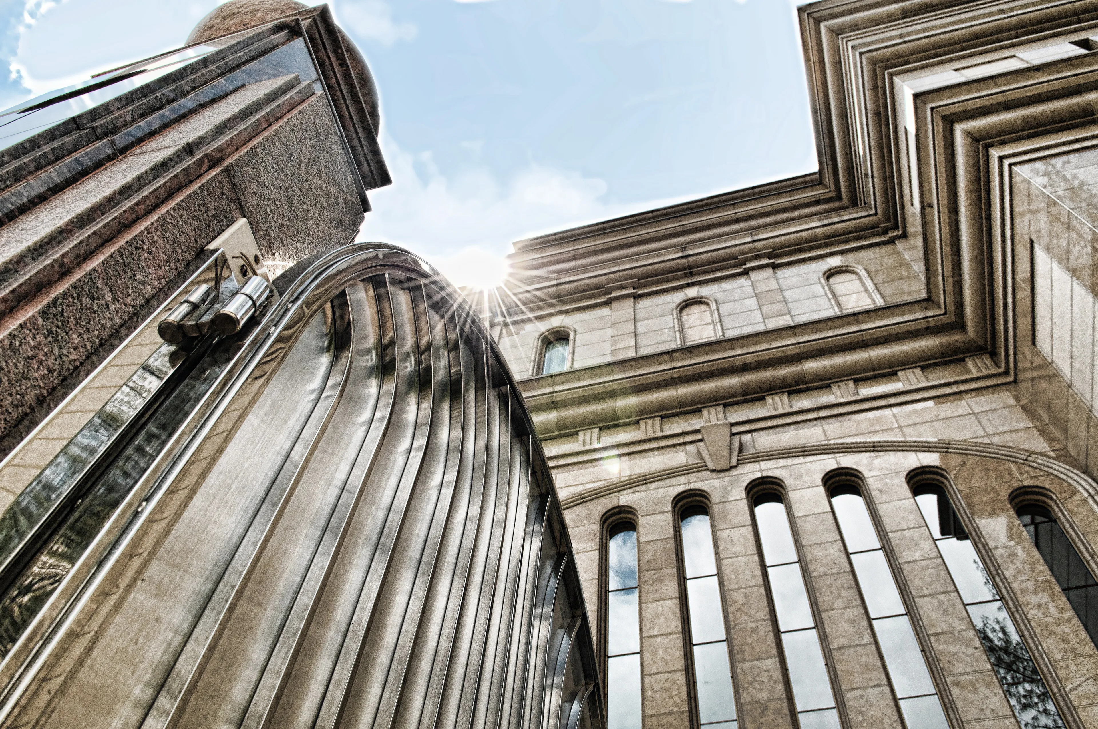 An upward view of the entrance to the Hong Kong China Temple.