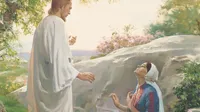 The resurrected Jesus Christ appearing to Mary Magdalene at the empty tomb. Mary is kneeling before Christ and looking up at Him. Christ is dressed in white robes. Spring flowers and trees border the tomb. (Mark 16:9,  John 20:11-18)