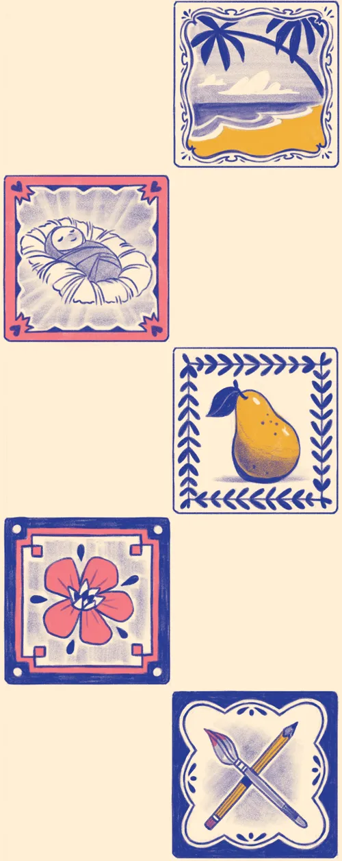 The beach, the Baby Jesus, a pear, a pink flower, and a pencil and paintbrush
