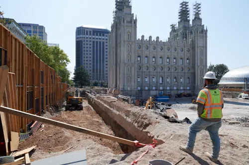 Construction on the Salt Lake Temple during August, 2020. These are the exterior walls. 