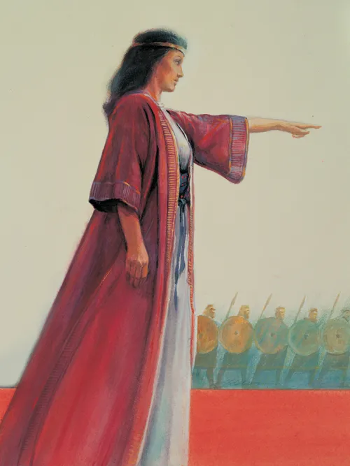 Deborah pointing and leading the Israelite army to battle