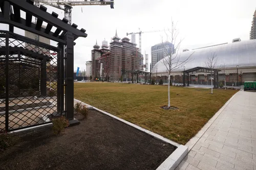 An overview of the northwest corner of Temple Square with the Salt Lake Temple in the background.