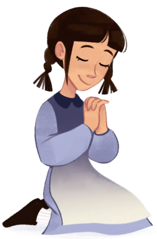 A young woman named Margaret smiles as she folds her hands in prayer.