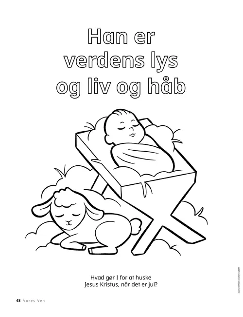 PDF-malebogsside af Jesusbarnet i en krybbe med et lam liggende i nærheden