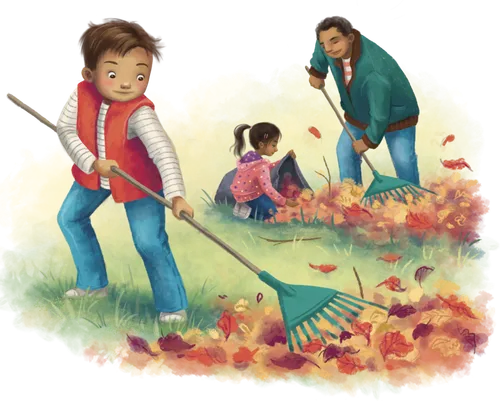 boy helping rake leaves