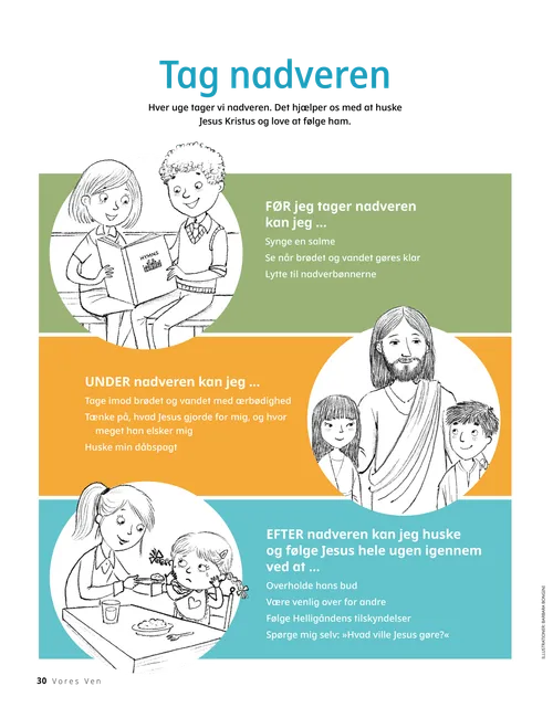 PDF-side med illustrationer af børn, der synger en salme, Jesus Kristus med to børn og en pige, der mader en baby ved et bord