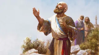 The Old Testament prophet Job depicted kneeling on the ground looking up to the light of the Lord. His friends are in the background of the painting. Job has one hand stretched toward the light. (Job 42:1-8)